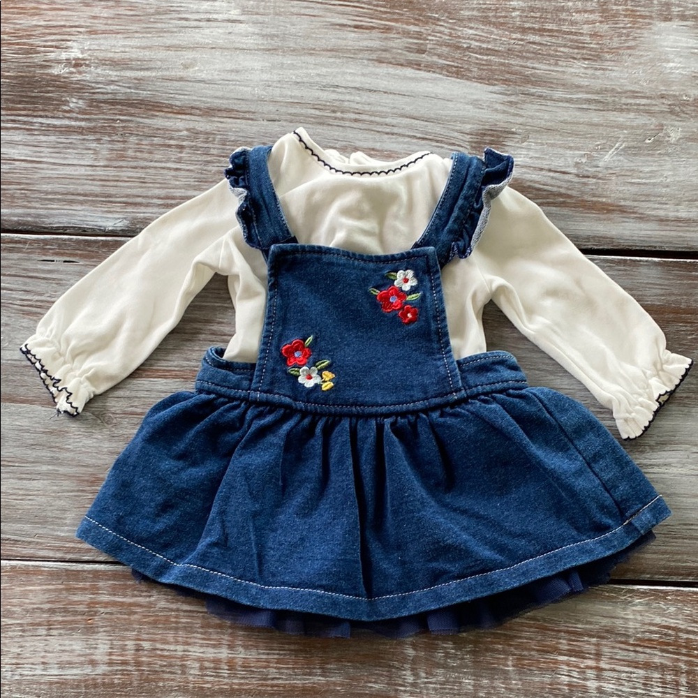 Mayoral 2-4m Blue Ruffle Denim Overall Dress With Embroidered Flowers & Tulle
